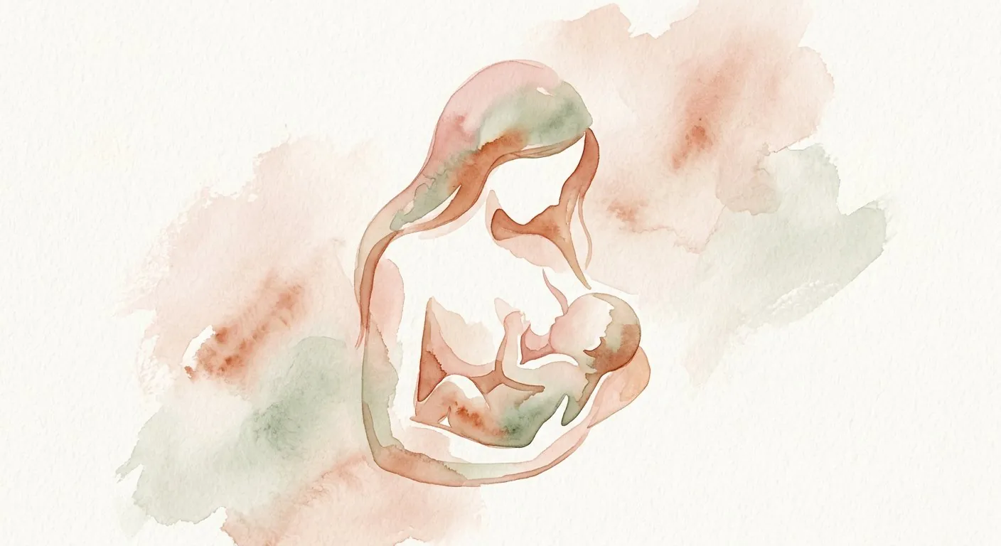 Ilustrasi cat air lembut ibu mendakap bayi dalam pelukan menyusu