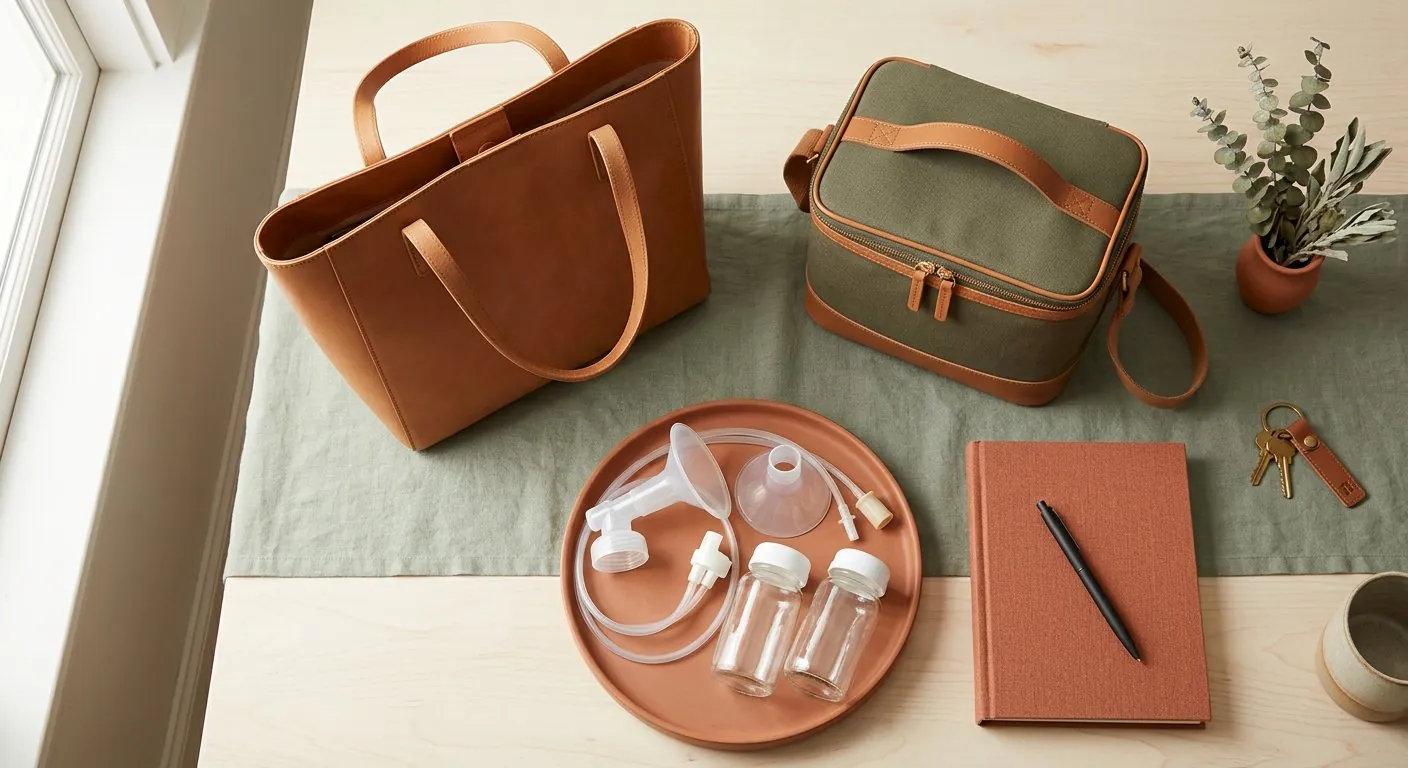 Flat-lay beg galas, beg penyejuk, buku nota dan alat pam di atas meja