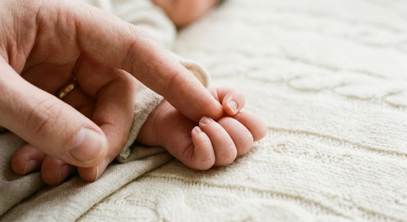 Hujung jari dewasa menyentuh jemari kecil bayi baru lahir