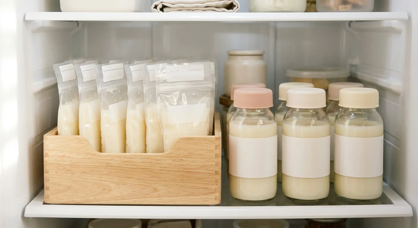 Beg simpanan susu dan botol tersusun kemas di dalam peti sejuk