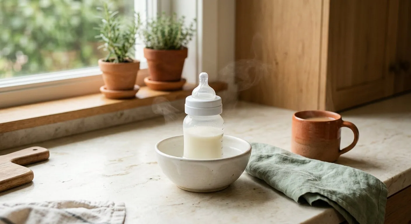 Botol susu perahan direndam dalam mangkuk air suam di dapur